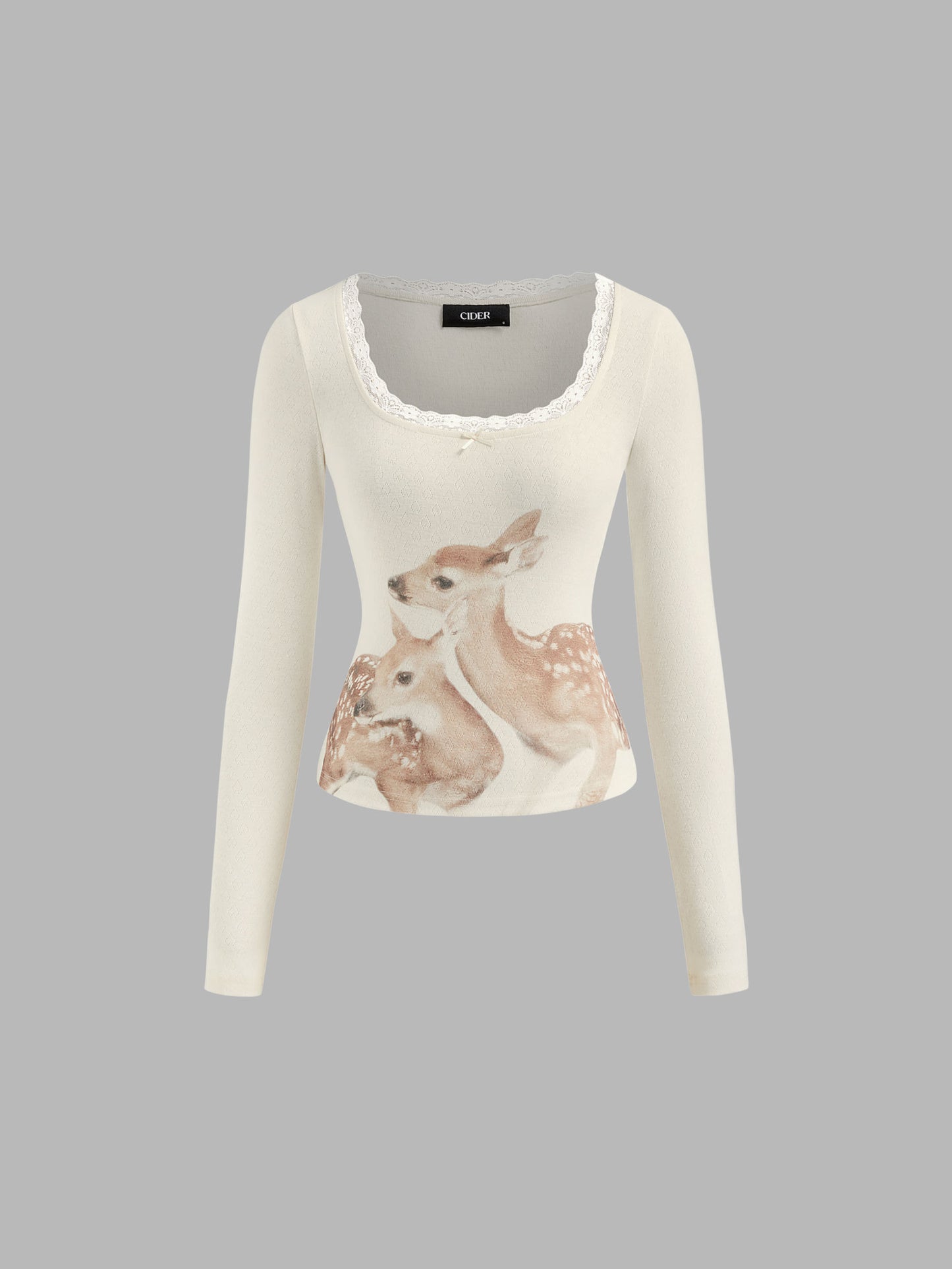 Deer Graphic Scoop Neckline Lace Trim Bowknot Tee