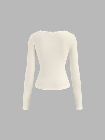 Deer Graphic Scoop Neckline Lace Trim Bowknot Tee