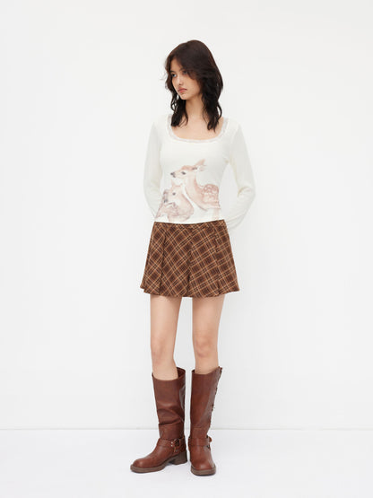 Deer Graphic Scoop Neckline Lace Trim Bowknot Tee