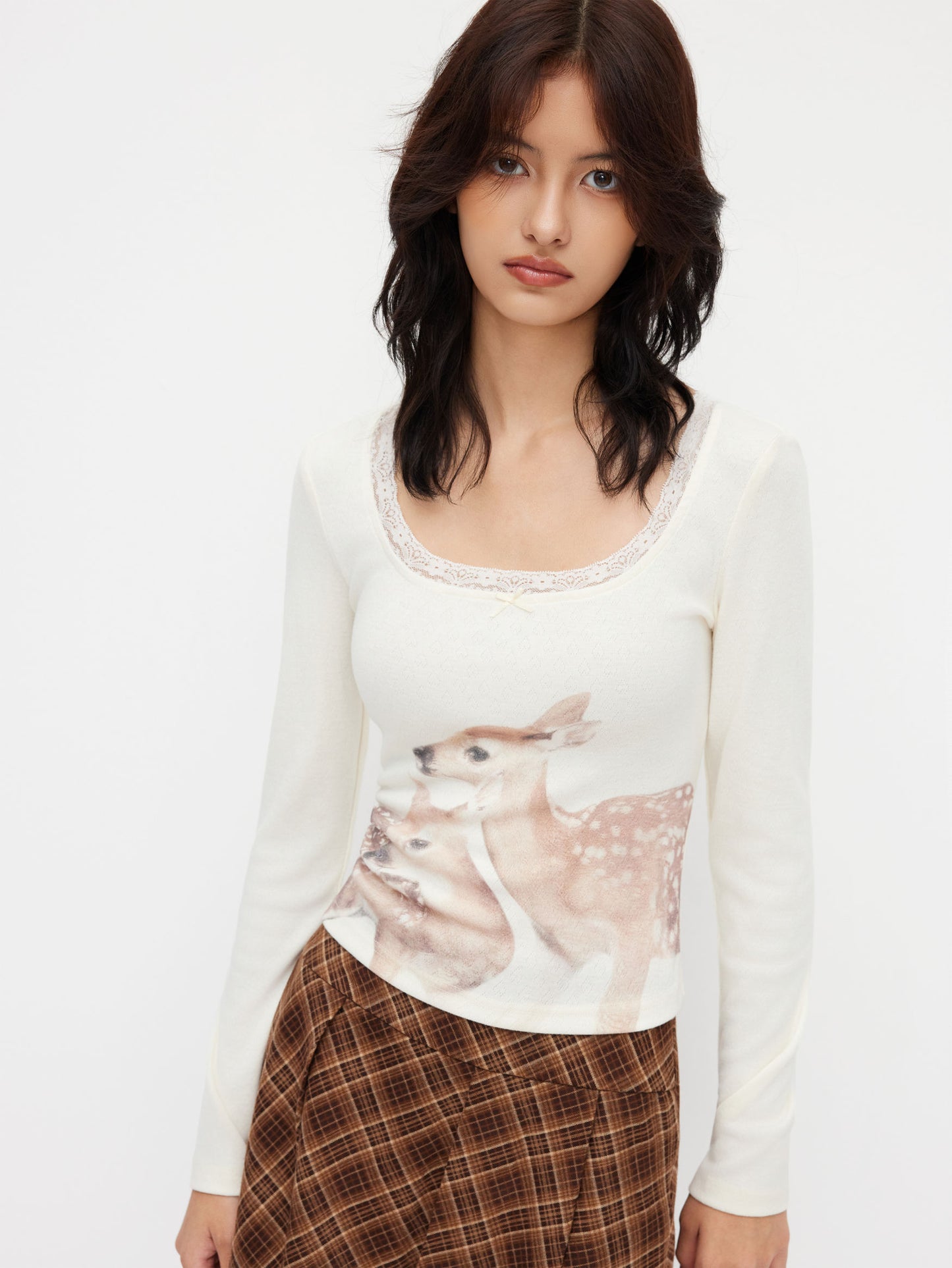 Deer Graphic Scoop Neckline Lace Trim Bowknot Tee