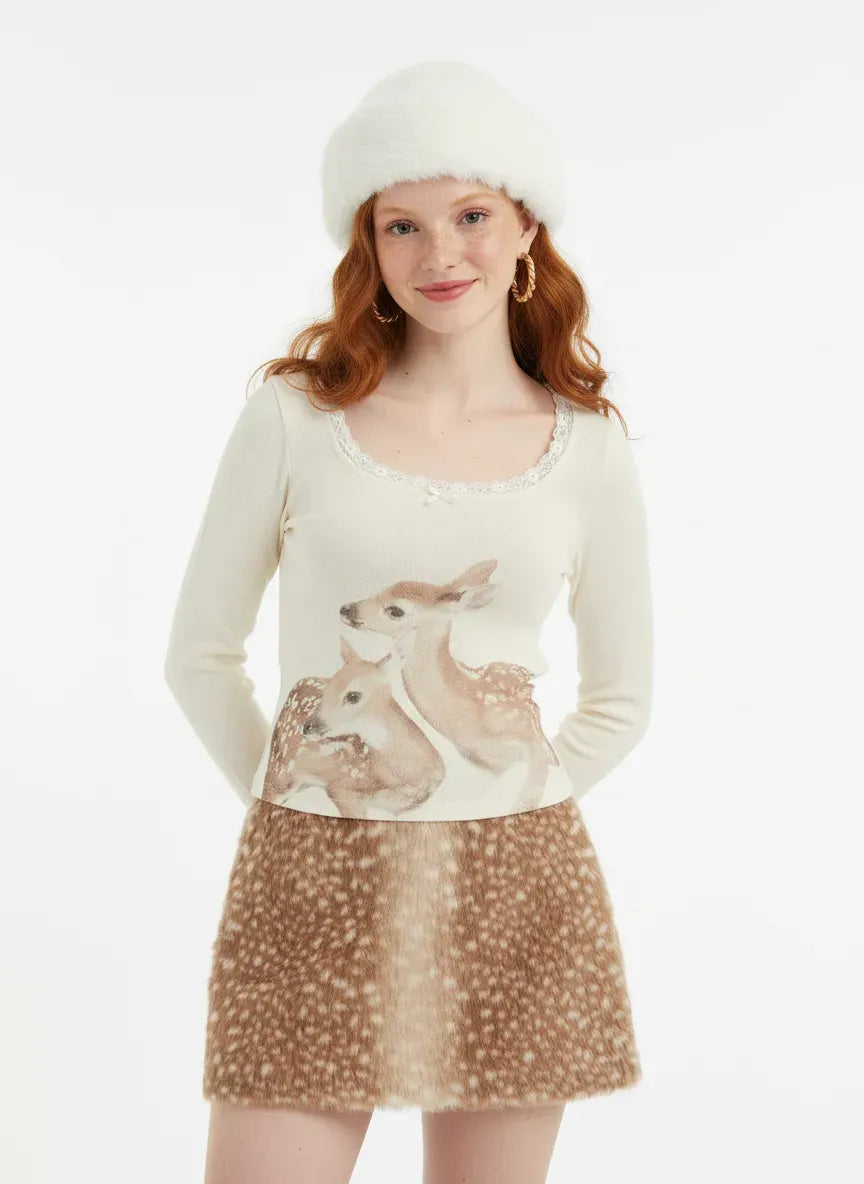 Deer Graphic Scoop Neckline Lace Trim Bowknot Tee