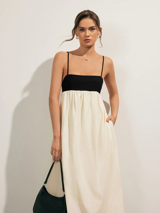 Contrast Open-Back Pocket Dress